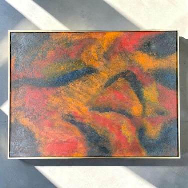 Vintage Abstract Colors Oil Painting Retro 1970s Size 40x30 + Mid-Century Modern + Red/Orange/Blue + Original + Unsigned + Textured + Framed 