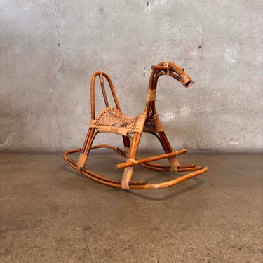 Mid Century Modern Franco Albine Style Rattan & Bamboo Rocking Horse C. 1960s