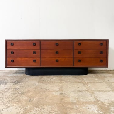 Canadian Teak + Rounded Black Plinth Lowboy Dresser *MESSAGE US for shipping quote* 