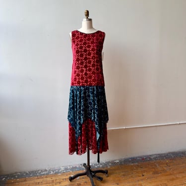 1980s Burnout Velvet Dress | Vintage Floral Velvet Midi Dress | 1980s Sleeveless Fringe Dress | Red & Blue Velvet Dress 
