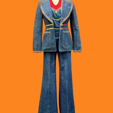 1970s Rare Overalls Jacket Skirt Denim 3 Piece Set by French Dressing 
