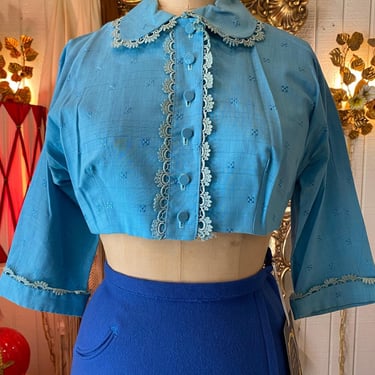 vintage 1950s cropped blouse, aqua blue cotton, peter pan collar, maisel, s/m 