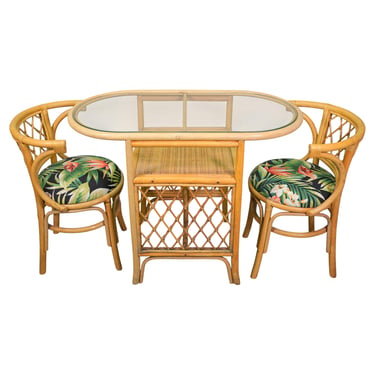 Coastal Rattan Bistro Table & Chairs Dinette Set with New Tropical Fabric, 1970s