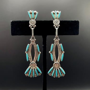Vintage Native American, Natural Turquoise and Silver Earrings, Zuni Needlepoint or Petite Point Stones, Marked Sterling 