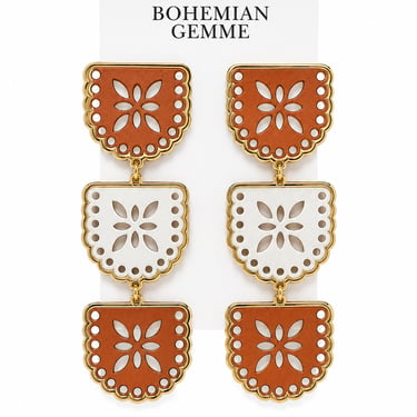 Burnt Orange and White 3 Tier Papel Picado Earrings