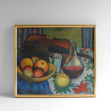 Vintage Fruit, Wine, and Violin Still Life Oil Painting 