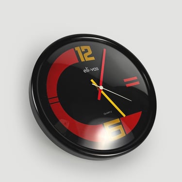 Vintage Eli Vas Wall Clock – West Germany 1970-80s Modernist Clock – Black Metal Frame Curved Glass – Mid Century German Wall Clock 
