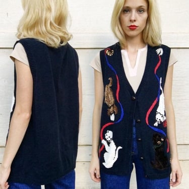 Vintage Navy Blue Knit Cats at Play Long Button Up Sweater M/L 