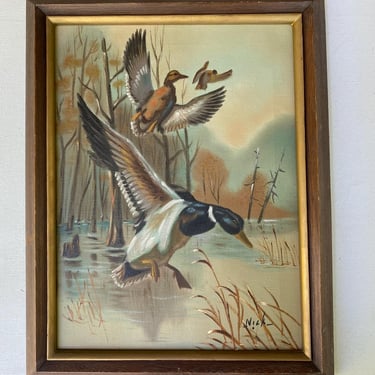 Mid Century Mallard Duck Oil Painting By Nick, Flying Ducks On Lake/ River, Duck Hunters, Outdoors Man 