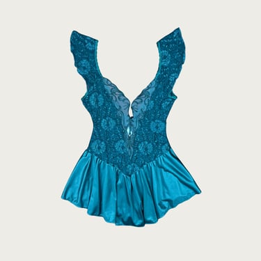 (M) 80s/90s Teal Lace Mini Slip Dress