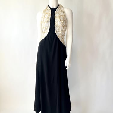 Vintage Formal Dress Black with White Sequins and Beads, Backless Size Small 1980s 