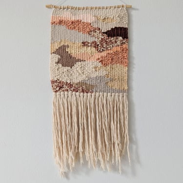 Wall Weaving / Hanging - Woven Tapestry - Natural Raffia - Peach, Rust, Navy Blue, Grey - Boho Fiber Art - Handwoven Weave -Nursery Art (P2) 