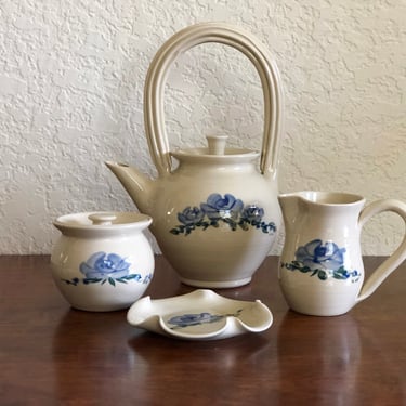 Signed Kovac Pottery Teapot Set, Glazed Ceramic Blue Floral Design 