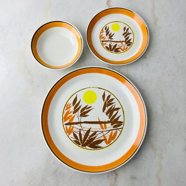 Vintage Johnson Bros Dinnerware, Bamboo pattern, 21 pieces, Ironstone, Dinner Plates, Side Plates, Bowls, for mid century decor, rare, gift 