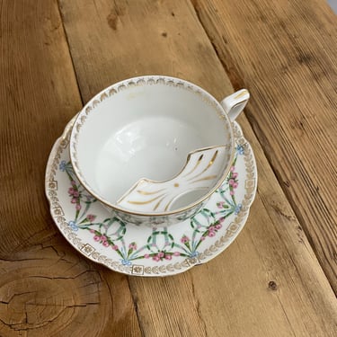 Antique Mustache Tea Cup and Saucer Set Pink Green Floral Wreaths Austria Imperial 