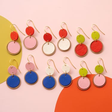 2-Tone Leather Orbit Earrings Regular Size - Colourful Tiered Circles 
