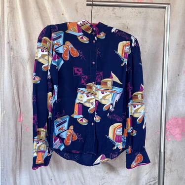 Small 80s Does 40s Rayon Novelty Print Blouse Records Juke Box Diner Long Sleeve First Glance 