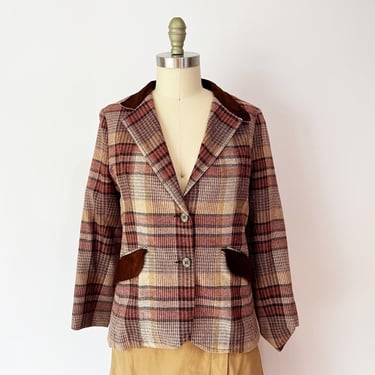 Clandestine Blazer • Size M • Brown Plaid Suede Leather Trim 70s Vintage Jacket 