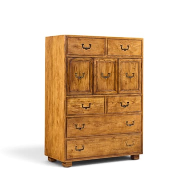 Henredon Campaign Mid Century Oak and Brass Highboy Dresser Armoire - mcm 