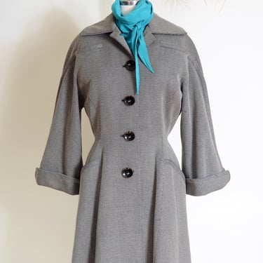 vintage 40s grey wool fitted princess coat / button up wool gabardine swing coat / warm statement / small - medium 