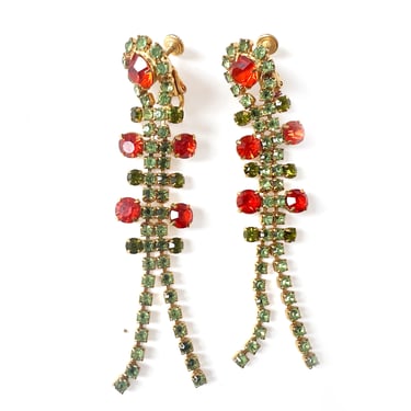 Vintage Green and Orange Rhinestone Cascade Drop Earrings / Screw Back 