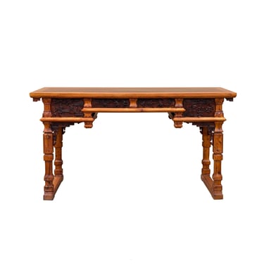 Vintage Two Brown Wood Tone Relief Carving Motif Oriental Console Altar Table GB050E 