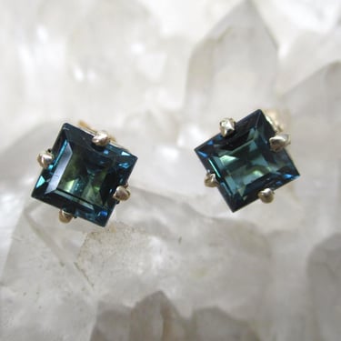 Gem Grade Blue Green Tourmaline Post Earrings ~14K Gold~ 5 mm 1.43 Carat Square Cut 