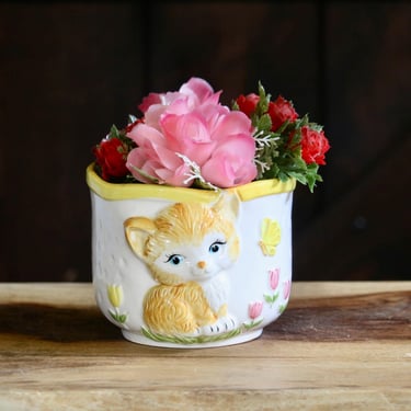 Vintage Yellow Cat Planter, Retro Home Decor, Sweet D-Ann Imports Ginger Cat sits by Tulip Flowers with a Butterfly nearby, Collector Gift 