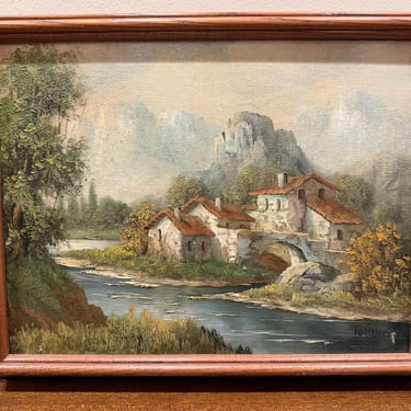 19thC Italian School Landscape Oil Painting, Cottage & Bridge, 15.5x12 