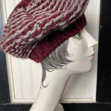 vintage 1980s striped knit beret, burgundy and gray hat, 80s fashion, winter 