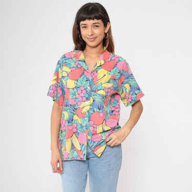 Vintage Fruit Print Shirt 80s Button Up Blouse Colorful Banana Berry Pear Tropical Summer Short Sleeve Top Yellow Orange Red 1980s Medium 40 