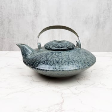 Vintage Japanese Ceramic Teapot - Blue Green Drip Glaze Stoneware Tea Pot with Metal Handle 
