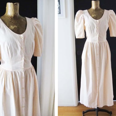 Vintage Laura Ashley Style Floral Sundress S - 1980s Pale Pink Pastel Puff Sleeve Romantic Cottagecore Maxi Dress - Button Front Scoop Neck 