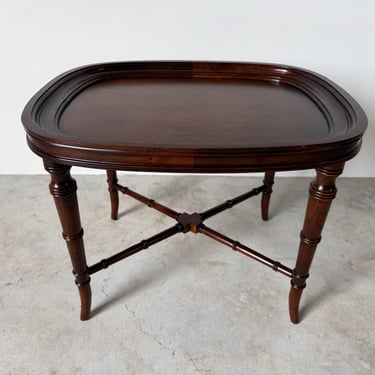 Vintage Faux Bamboo Carved Wood Oval Tray-Top Side Table, Henredon / Hekman Style 