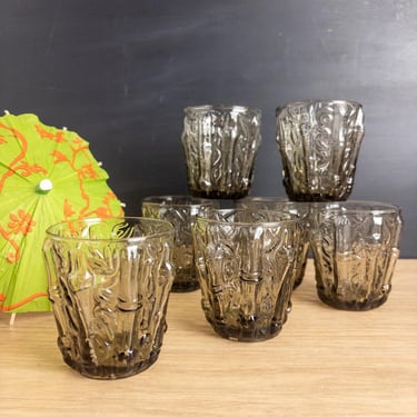 Set of 7 Vintage Smoky Glass Bamboo Juice Glasses -  Mid Century Glassware 