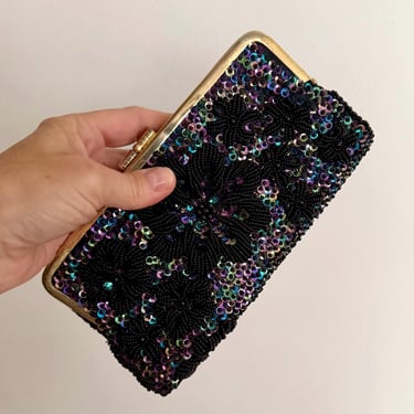 Vintage black beaded sequined clutch, evening bag, hand beaded, iridescent , Made in Hong Kong 