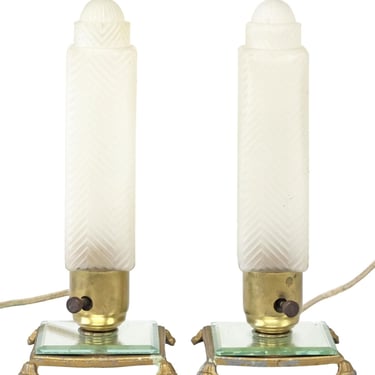 1920s/1930s Art Deco Era Skyscraper Frosted & Molded Glass Table Lamp Pair / Antique Bullet Shade American Boudoir Lamps 