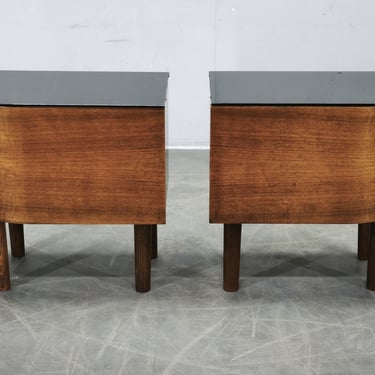 Pair Art Deco Nightstands Czechoslovakia 1940s Walnut Veneer Black Opaxit Glass Bedside Tables 