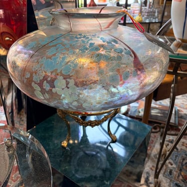 Large irridescent art nouveau style vase on floral brass stand-approx15t x16w on stand. For pick up only