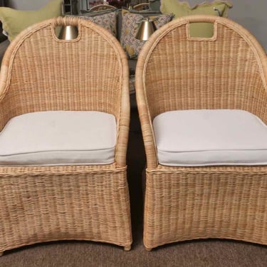 Pair of Serena & Lily Natural Wicker Arm Dining Chairs