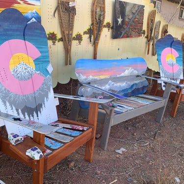 Set of 3 - Pink colorful CO -  Patio Snowboard Chairs, Bench Colorado Flag Wood Chair, Snowboard Chair, Unique Gift, Colorado Chairs 