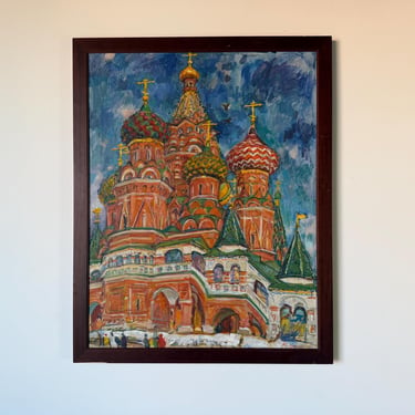1980’s Vintage Moscow Cathedral of St. Basil Expressionist Oil on Canvas Painting, Signed 