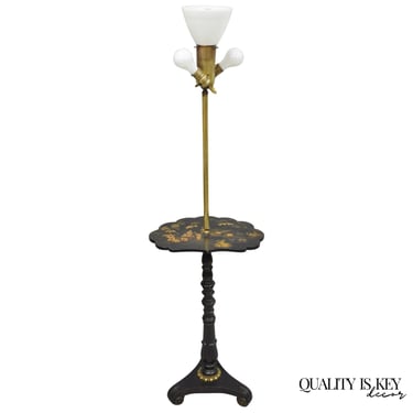 Antique Chinoiserie English Regency Black Lacquer Carved Wood Floor Lamp Table