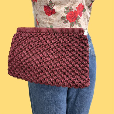 Vintage Macrame Clutch Retro 1970s Bohemian + Burgundy + Maroon + Rectangular Shape + Hinged Closure + Purse + Handbag + Womens Accessory 