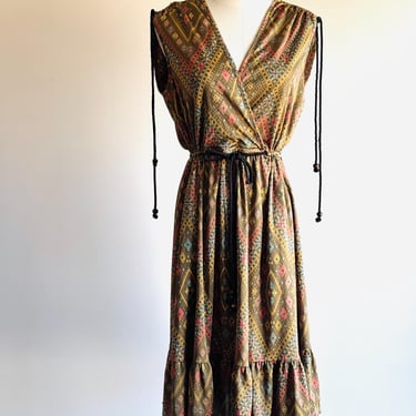 vintage Y2K Betsey Johnson New York black label abstract geometric boho print with beaded drawstring ruched detail ruffle trim sz 4 boho 