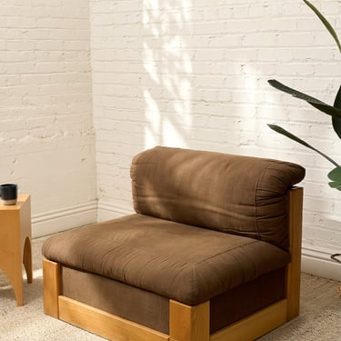Vintage 1970s Oak Lounge Chair in Brown Upholstery