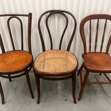 Vintage Bentwood Dining Chairs - Set of 3 Mixed Mid Century Cafe Chairs, Thonet Style Cane & Wood Accent Chairs 