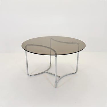 Mid-Century Modern  Bauhaus Dining Table By Vittorio Introini– 1970s Italy, Round Smoked Glass & Chrome, 