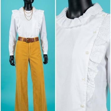 Vintage 1970s White Cotton Eyelet Lace Ruffle Blouse Size M 