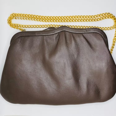 Vintage rich deep chocolate brown leather bag Andé purse with chain strap convertible to clutch tension frame closure 